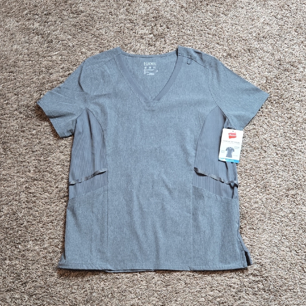 Hanes Comfort Fit Large Gray Scrubs Scrub Shirt Top Odor Control Stretch